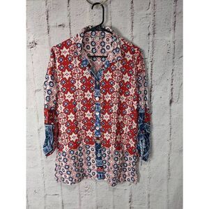 John Mark Red & Blue‎ Cinch Tie Sleeve Multicolor Button up Shirt Sz S Small